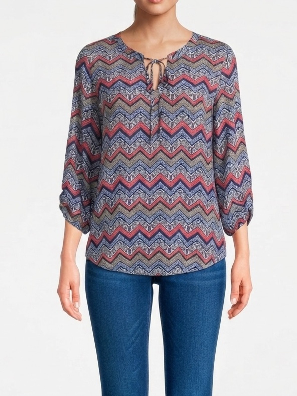 Cato Women’s Chevron Print Peasant Blouse - Navy, Red, White Size XL